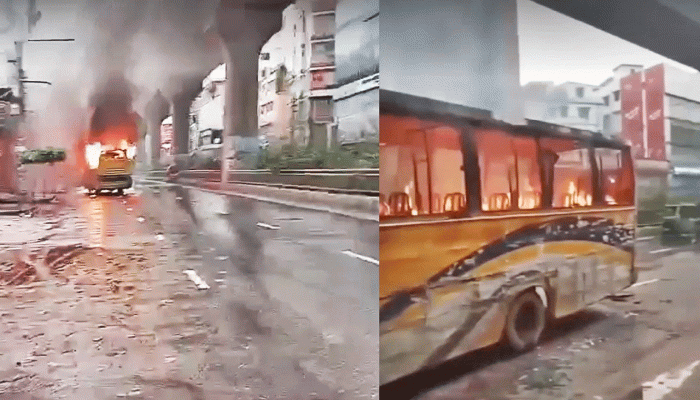 ঢাকার মিরপুরে যাত্রীদের নামিয়ে বাসে আগুন ঢাকার মিরপুরে যাত্রীদের নামিয়ে বাসে আগুন