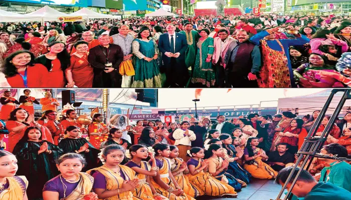 টাইমস স্কয়ারে বর্ণাঢ্য দুর্গোৎসব : রোদে দেবীবরণ  বৃষ্টিতে বিদায়